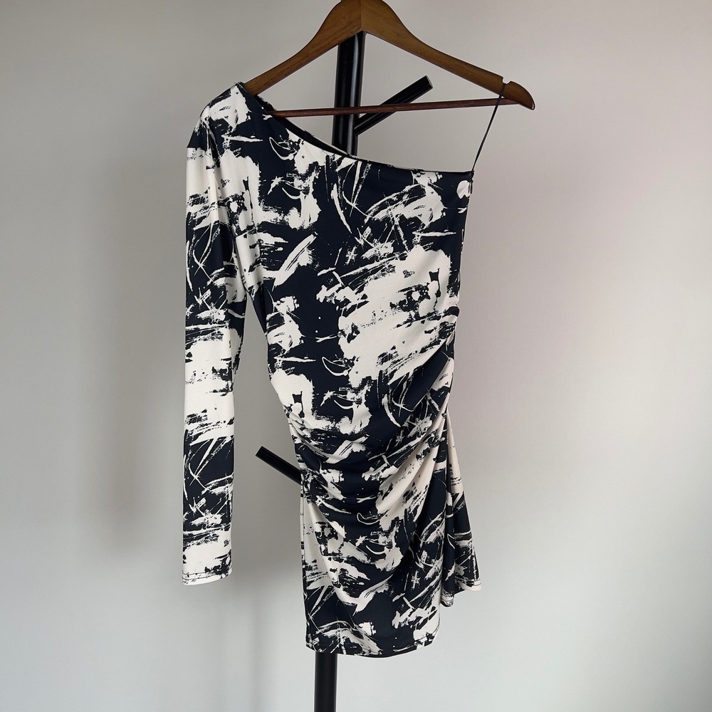 Zara One Shoulder Abstract Print Ruched Mini Dress Black White NWT Size M